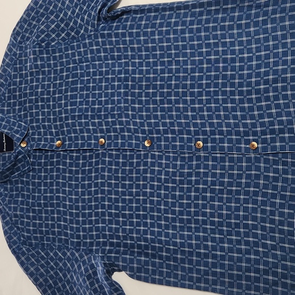 TOMMY BAHAMA SHIRT MENS L/G HAWAIIAN BUTTON BLUE CHECK SILK BLEND CAMP C… - Picture 4 of 10